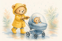 Ourson en ciré jaune poussant un landau protégé par une bulle de pluie sous une pluie fine