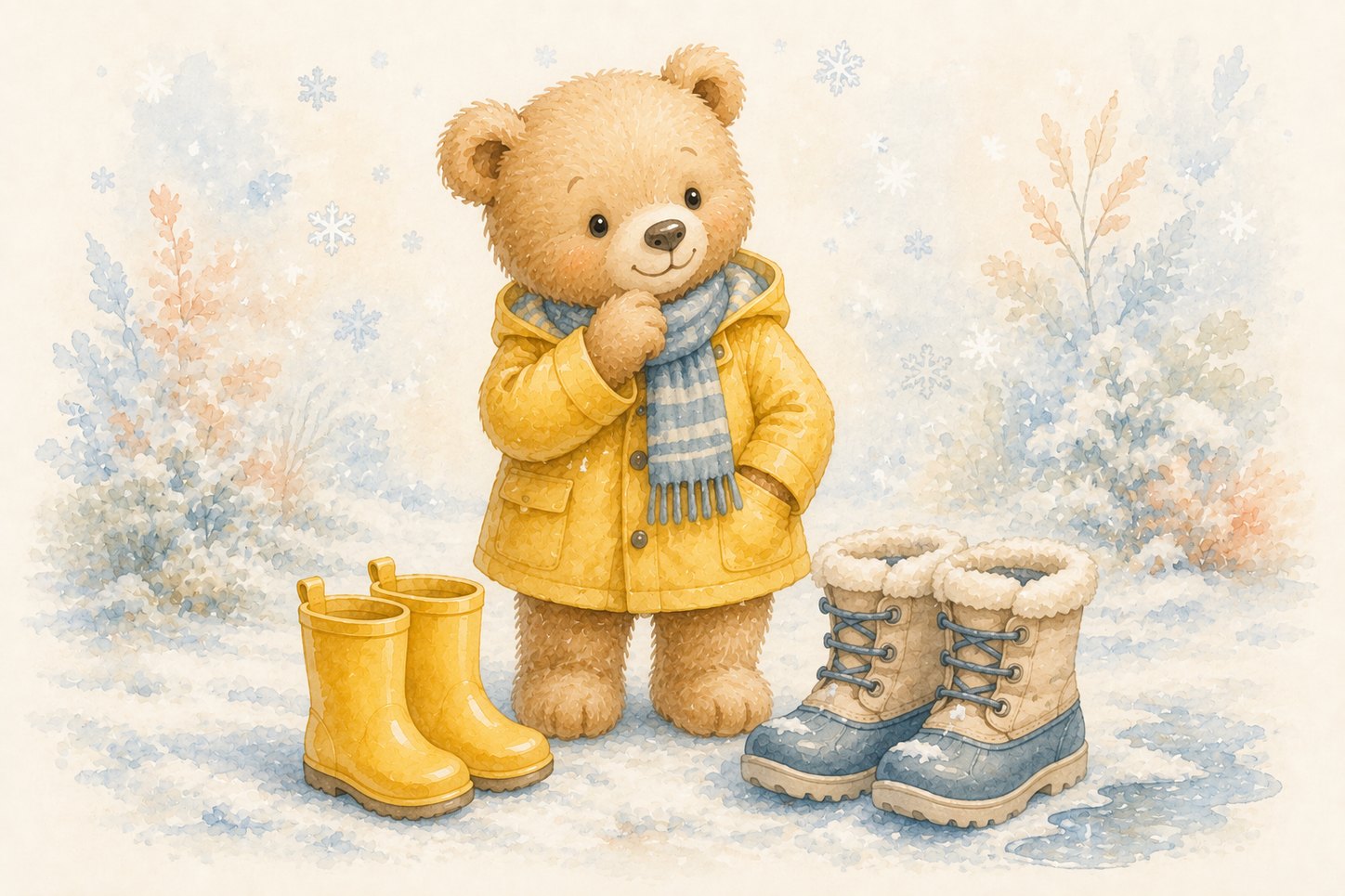 Ourson hésitant entre une paire de bottes de pluie jaunes et une paire de bottes de neige fourrées sur un sol enneigé