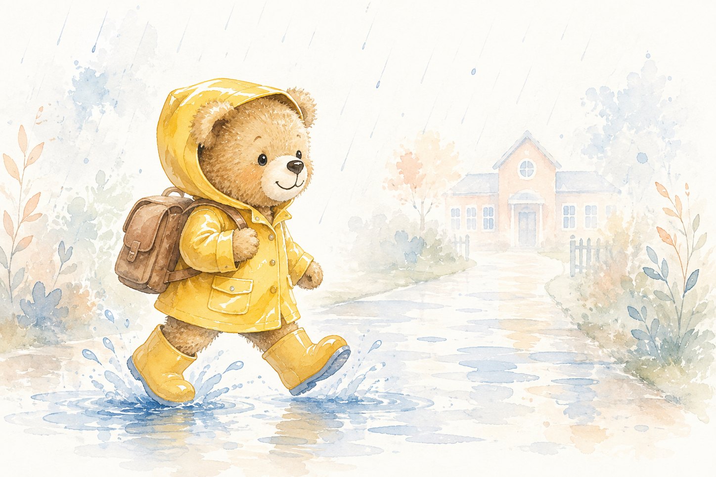 Ourson en ciré jaune et bottes de pluie marchant vers l'école avec son cartable sous la pluie