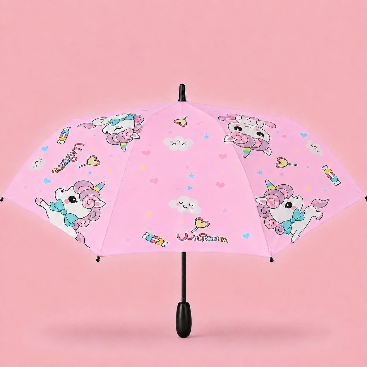 Parapluie enfant licorne bonbon rose ouvert - packshot manche grip noir