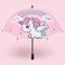 Parapluie enfant licorne arc-en-ciel ouvert, manche droit grip noir, fond pastel rose