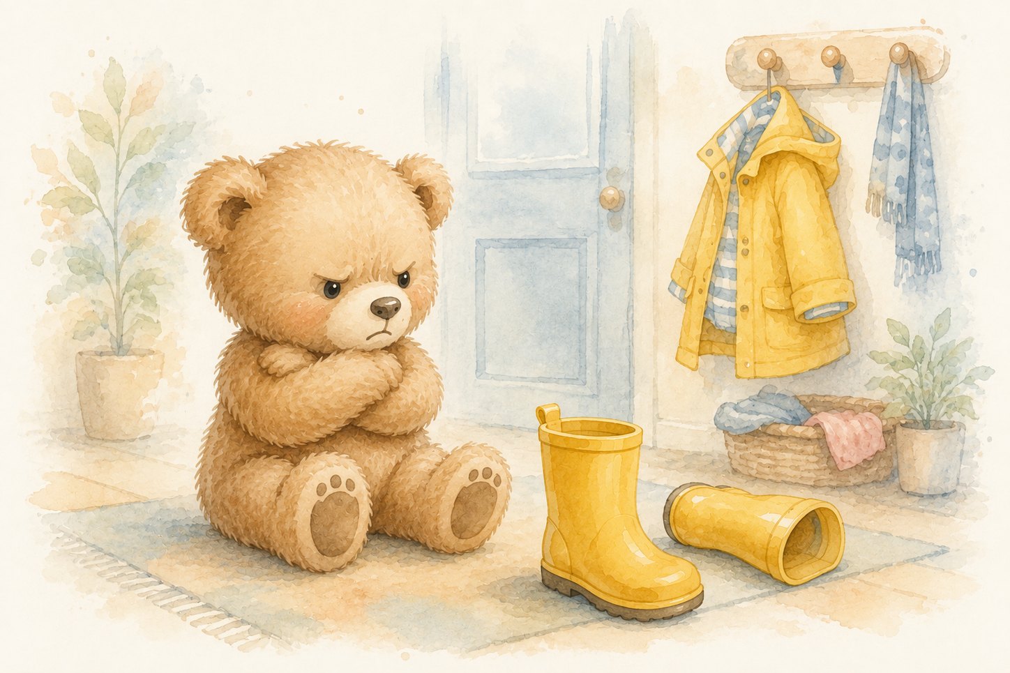 Ourson boudeur assis dans l'entrée devant ses bottes de pluie jaunes qu'il refuse de mettre