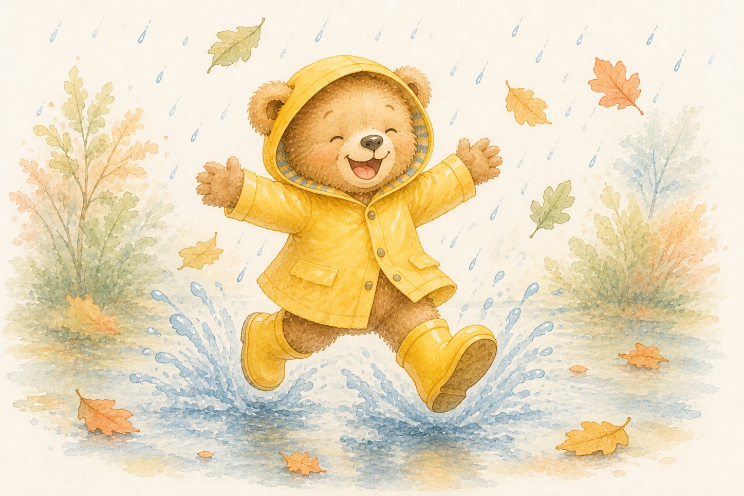 Ourson en ciré jaune sautant joyeusement dans une flaque au milieu des feuilles d'automne