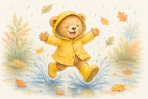 Ourson en ciré jaune sautant joyeusement dans une flaque au milieu des feuilles d'automne