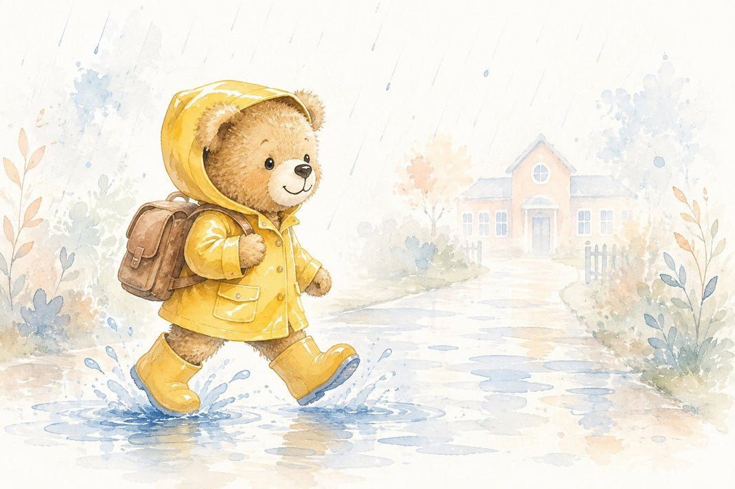 Ourson en ciré jaune et bottes de pluie marchant vers l'école avec son cartable sous la pluie