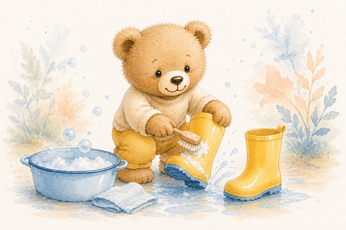 Ourson nettoyant une botte de pluie en caoutchouc jaune avec une brosse et une bassine d'eau savonneuse