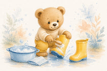 Ourson nettoyant une botte de pluie en caoutchouc jaune avec une brosse et une bassine d'eau savonneuse