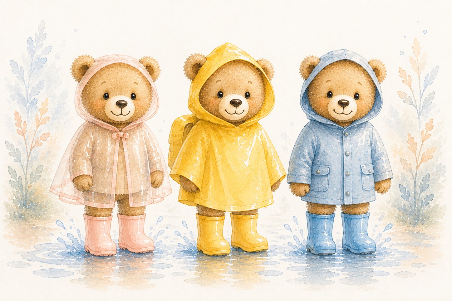 Trois oursons portant une cape de pluie, un poncho jaune et une veste imperméable bleue