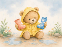 Ourson comparant deux bottes de pluie sous la pluie