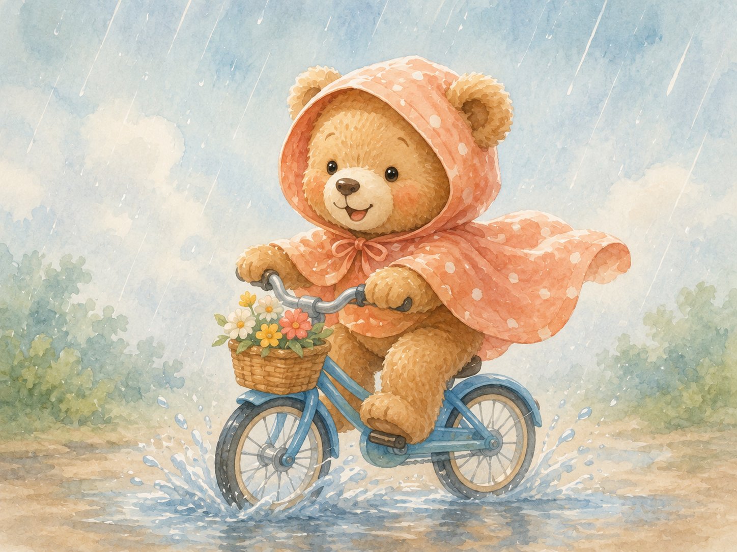 Ourson en cape de pluie roulant à vélo sous la pluie