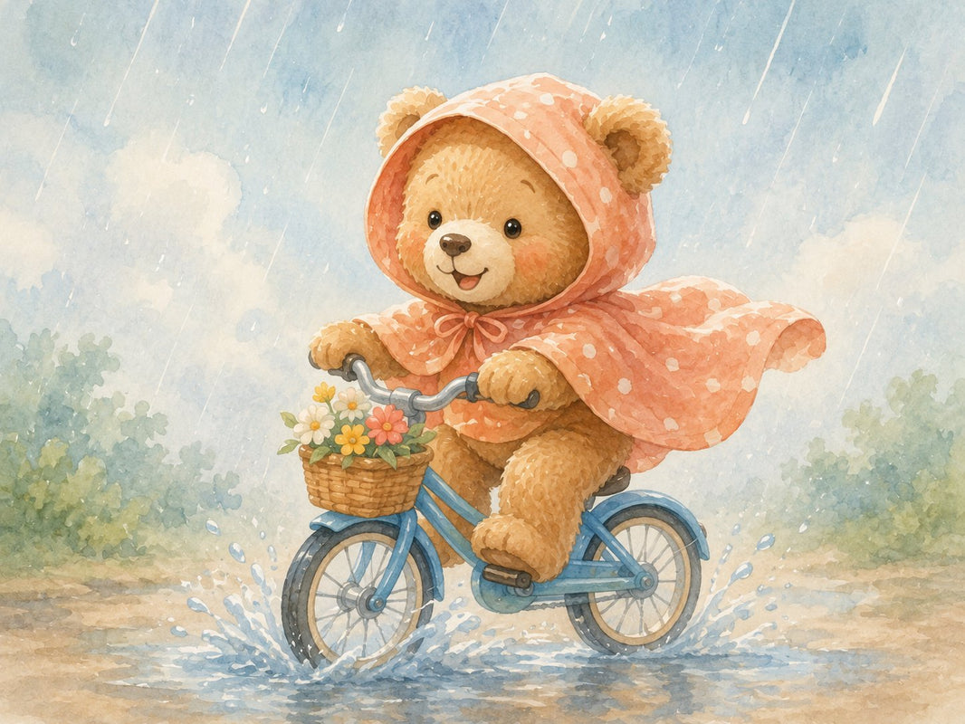 Ourson en cape de pluie roulant à vélo sous la pluie