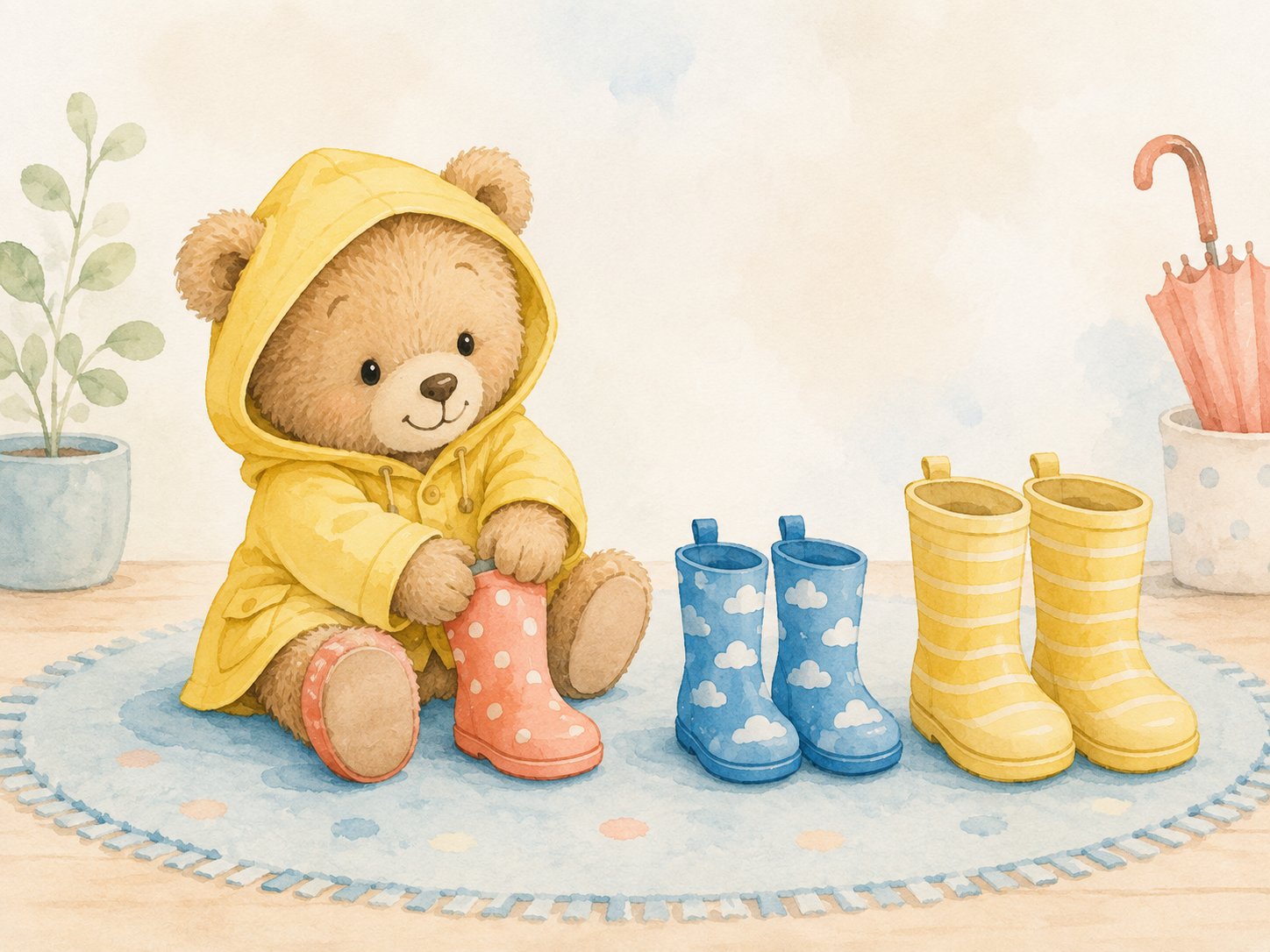 Ourson en ciré jaune essayant des bottes de pluie colorées