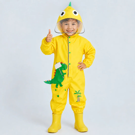 Combinaison dinosaure jaune, visiere transparente allongee, garcon