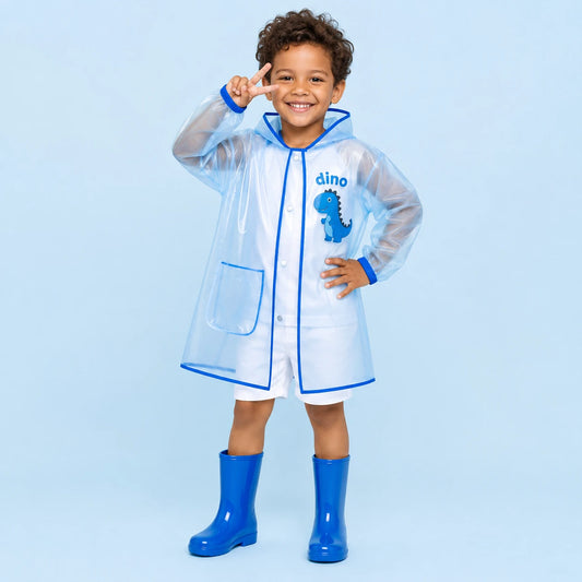 Cape de pluie dinosaure bleu portee - manches longues