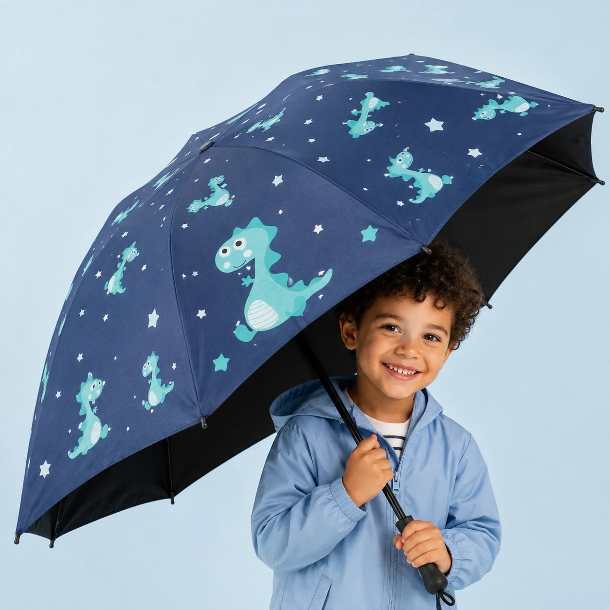 Parapluie dinosaure bleu enfant - toile bleue interieur noir