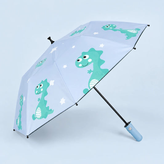 Parapluie enfant dinosaure bleu ciel ouvert - packshot fond pastel