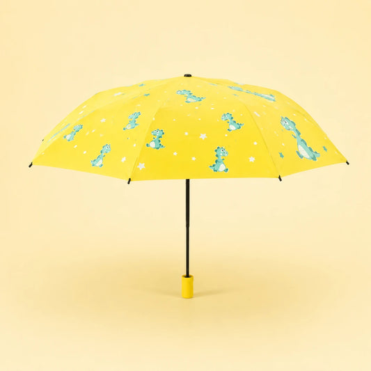 Parapluie enfant dinosaure jaune ouvert - packshot fond pastel