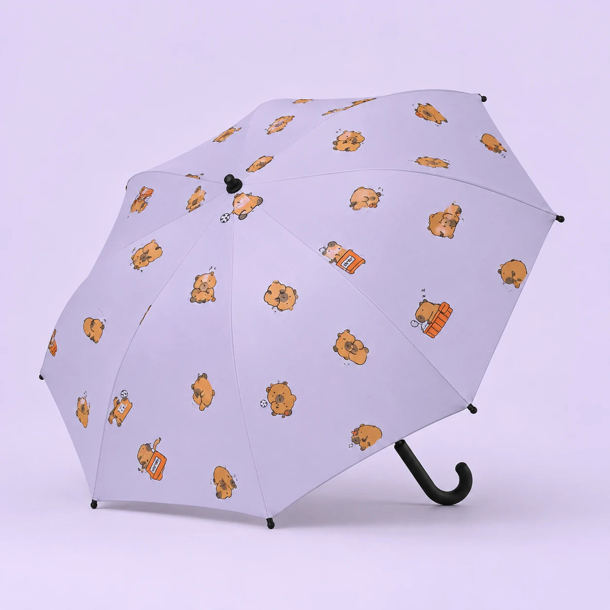 Parapluie enfant capybara lilas ouvert - packshot fond pastel