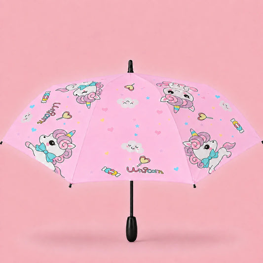 Parapluie enfant licorne bonbon rose ouvert - packshot manche grip noir