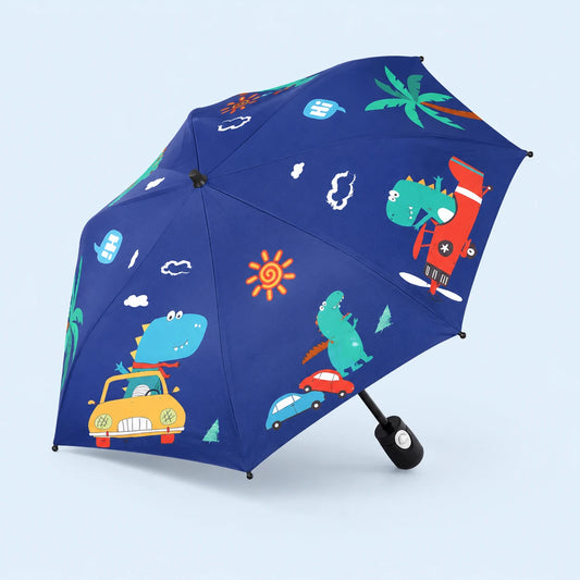 Parapluie enfant dinosaures explorateurs bleu nuit ouvert - packshot fond pastel