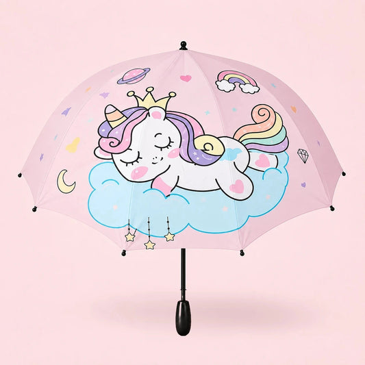 Parapluie enfant licorne endormie ouvert, manche droit grip noir, fond pastel rose