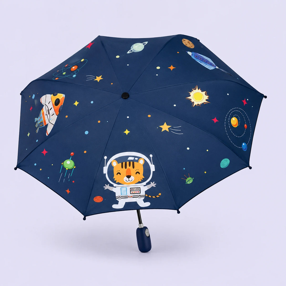 Parapluie enfant espace astronaute bleu nuit ouvert - packshot fond pastel