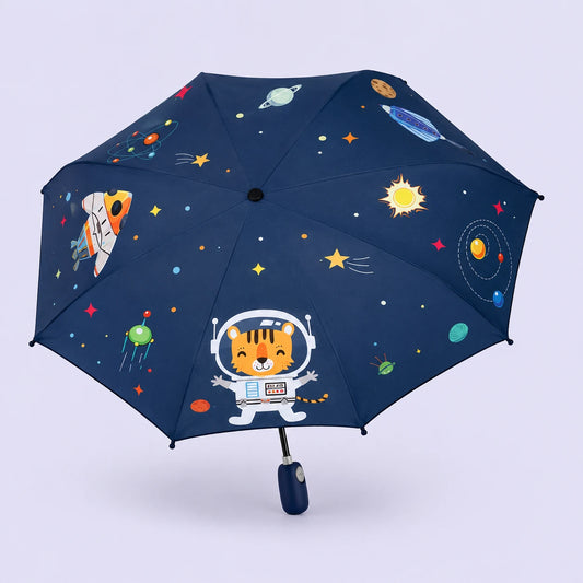 Parapluie enfant espace astronaute bleu nuit ouvert - packshot fond pastel