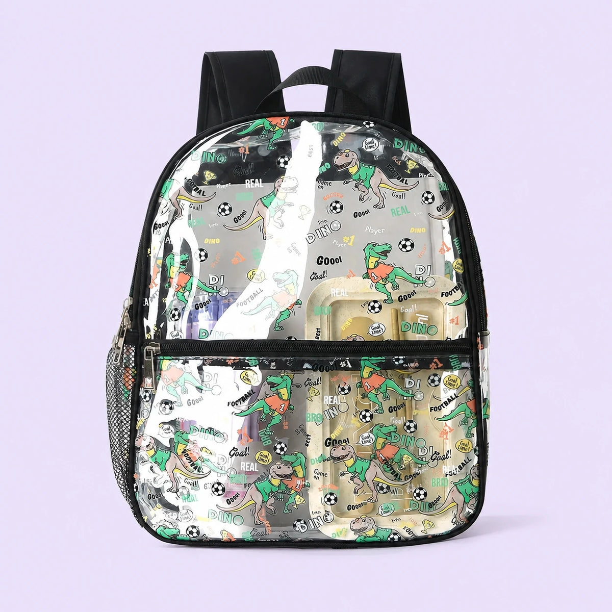 Sac a dos transparent impermeable dino foot - packshot produit seul fond pastel