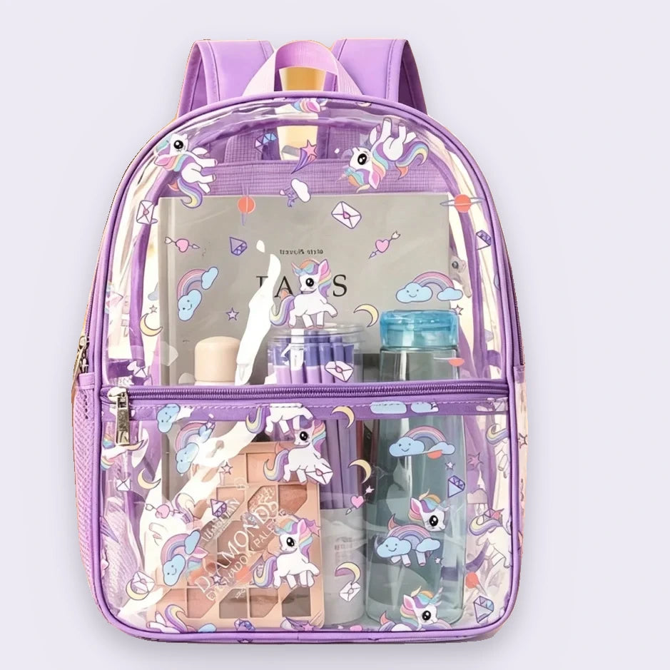 Sac a dos transparent licorne violet - packshot produit seul fond pastel