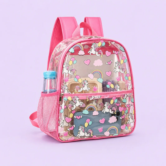 Sac a dos transparent licorne rose - packshot produit seul fond pastel