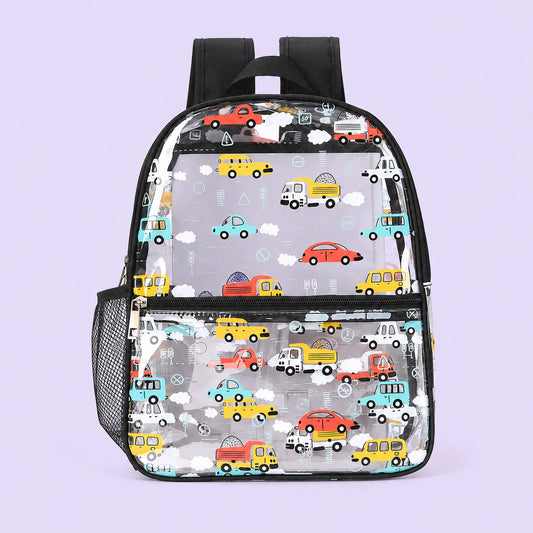 Sac a dos transparent impermeable voitures - packshot produit seul fond pastel
