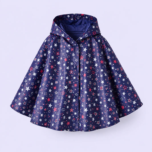Poncho ciel etoile bleu, packshot produit seul, fond lilas pastel