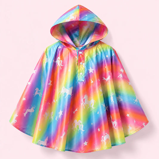 Poncho de pluie enfant arc-en-ciel licornes - packshot produit seul fond pastel