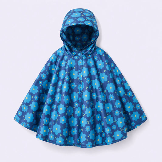 Poncho de pluie enfant fleurs bleues - packshot produit seul fond pastel