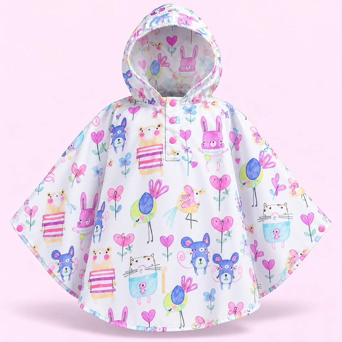 Poncho de pluie enfant lapins et oiseaux - packshot produit seul fond pastel
