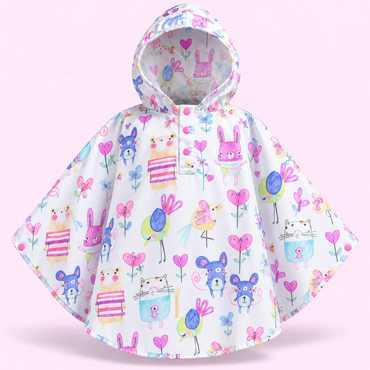 Poncho de pluie enfant lapins et oiseaux - packshot produit seul fond pastel