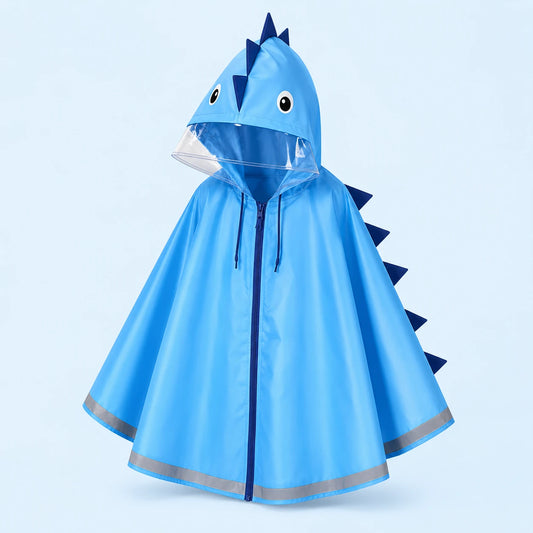 Poncho de pluie enfant a visiere dino bleu - packshot produit seul fond pastel