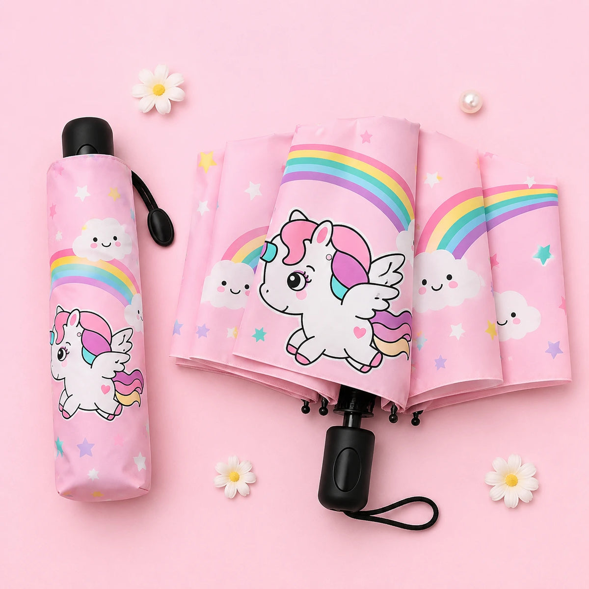 Parapluie licorne arc-en-ciel replie, flatlay