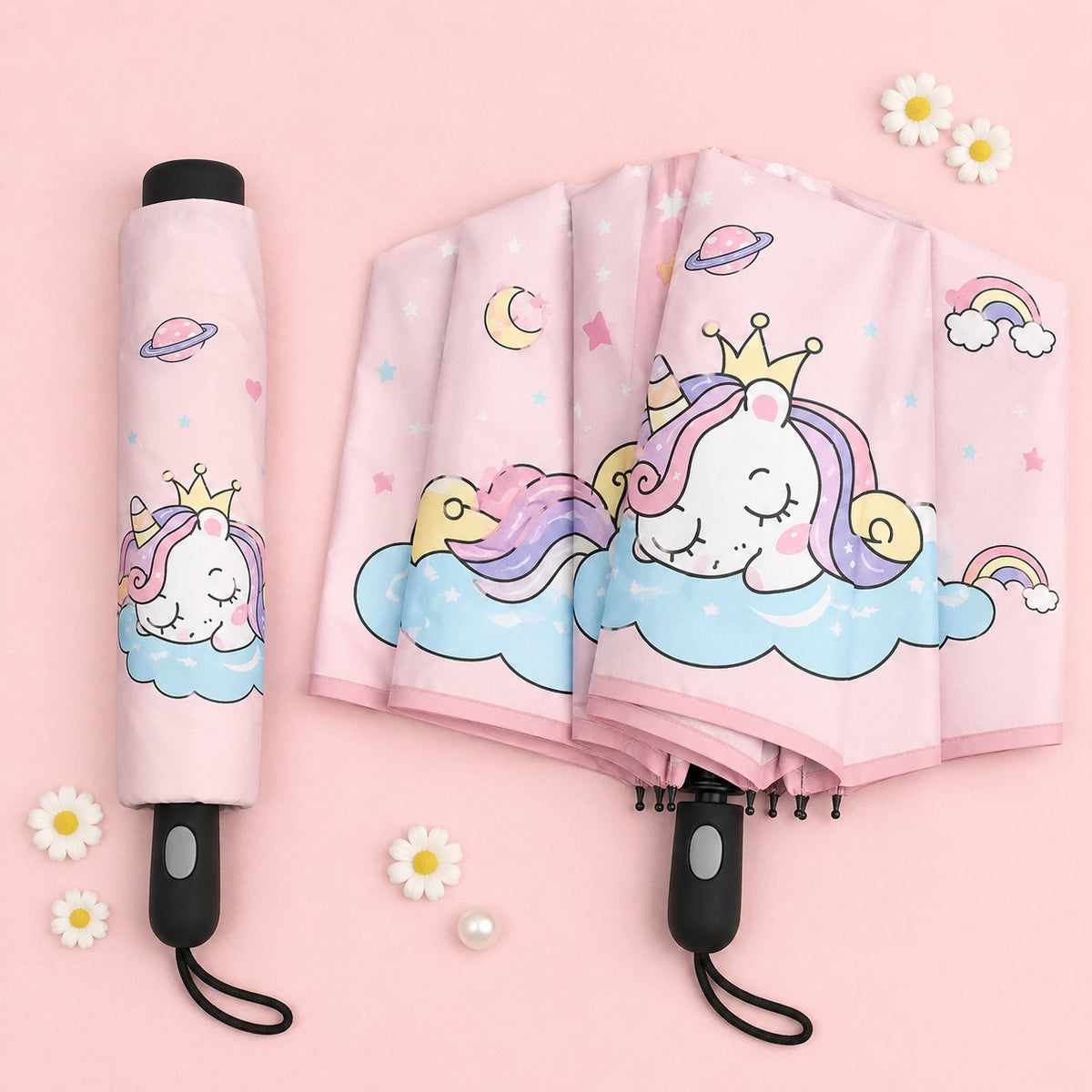 Parapluie licorne endormie replie, flatlay