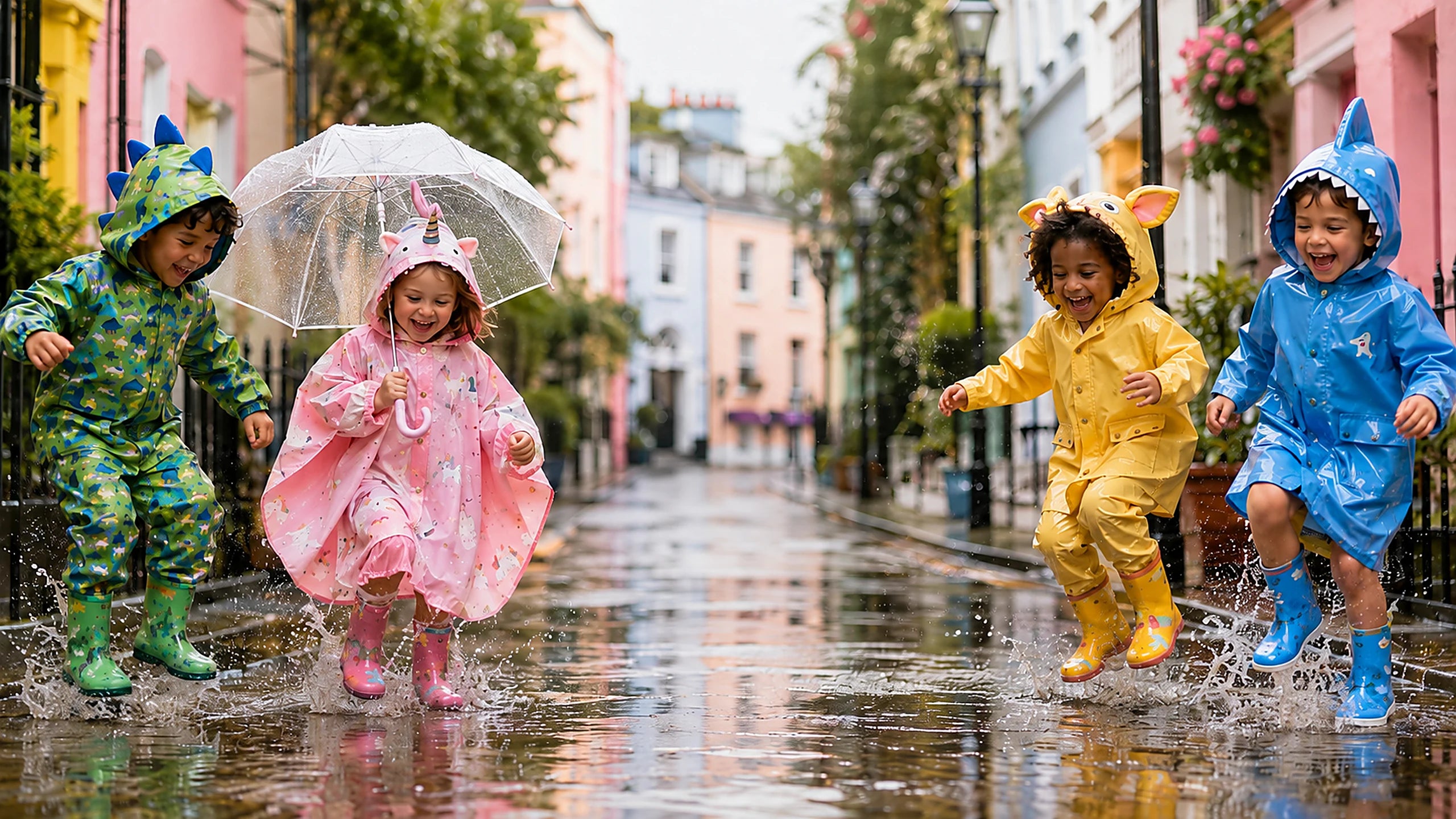 Enfants en combinaisons de pluie originales jouant sous la pluie - Kidipluie