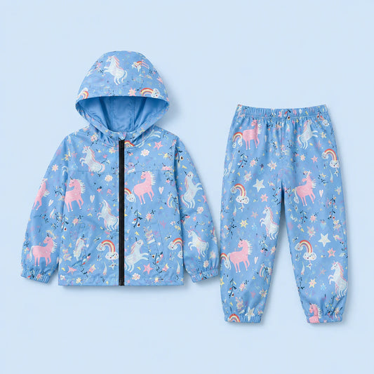 Ensemble veste et pantalon imperméable garçon bleu licorne