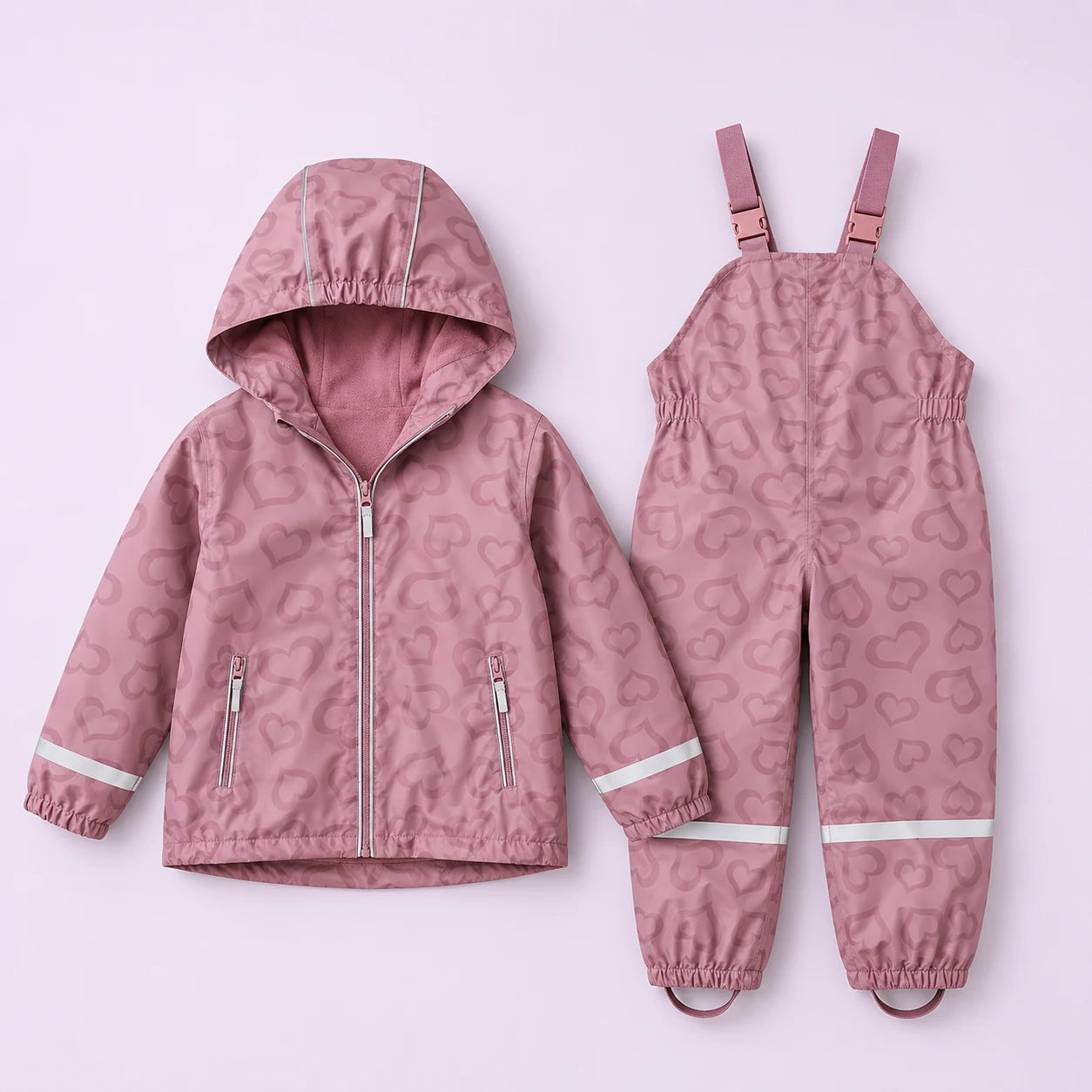 Ensemble veste et salopette imperméable enfant mauve à cœurs